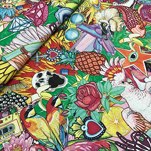 Kt KILOtela - Dekostoff Halbpanama Bio-Baumwolle, Meterware, Home-Accessoires, Tischdecken, Kissen, Vorhänge, Taschen, 280 cm Breite, Psychedelia, Mehrfarbig