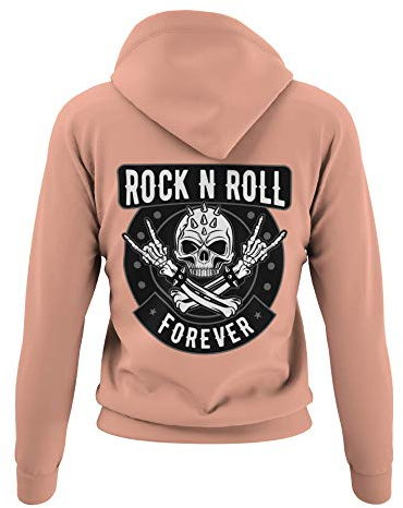knut Fashion & Streetwear Rocker Damen Pullover Rock n Roll Forever - Biker Kapuzenpullover Hoodie Frauen Mädchen für Rock Fans Heavy Metal Sweatshirt Regular Fit Baumwolle Schwarz Rose XS-3XL