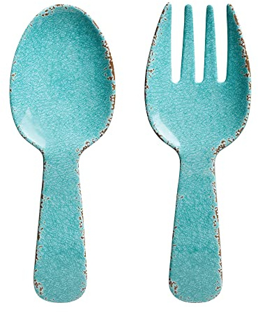 UPware Crackle Melamine Salad Servers, Serving Utensil Set, Includes Serving Fork and Spoon for Tossing Salad, Pasta, Turquoise, 10.75 Inch, Set of 2