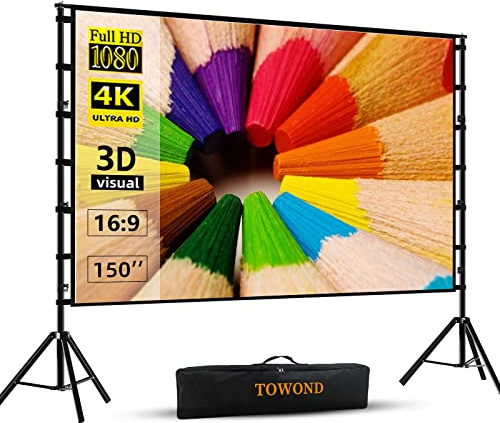 Towond - Pantalla de proyector y soporte, pantalla de proyección de 150 pulgadas para interiores y exteriores, portátil 16:9 4K HD, pantalla frontal trasera con bolsa de transporte, diseño sin arrugas