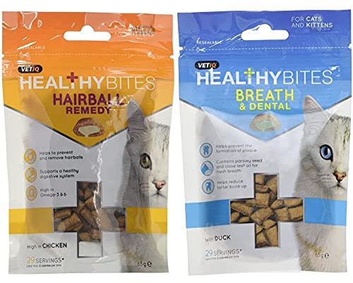 VetIQ Healthy Bites Hairball Remedy For Cats and Kittens 65g - Pack of 8 & Healthy Bites Breath & Dental For Cats & Kittens, 65g - Pack of 8