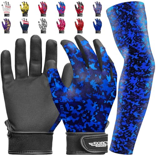 Exxact Sports Youth Batting Gloves with Arm Sleeve for Boys & Girls, Kids Baseball Batting Gloves for Softball, T-Ball (Youth L/XL, Blue Camo)