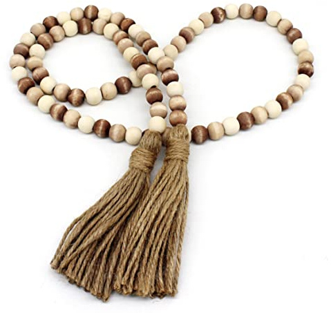 CVHOMEDECO. Holzperlen-Girlande mit Quasten, Bauernhaus, rustikale Holz-Gebetsperlen, Schnur, Wandbehang, Akzent für Zuhause, Festival-Dekoration. Mix im Used-Look