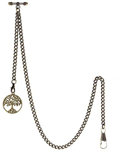 TREEWETO Men's Albert Chain Pocket Watch Curb Link Key Chain 2 Hooks with Antique Life Tree Pendant Design Charm Fob T Bar