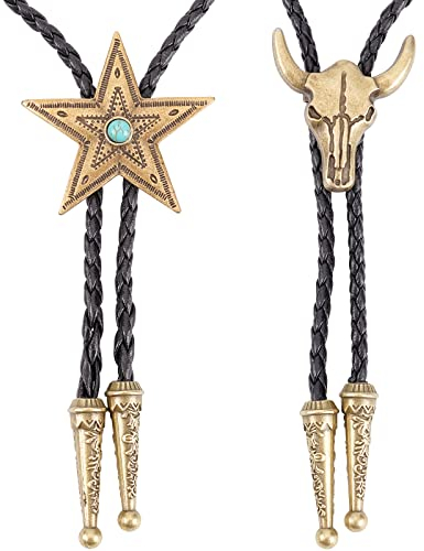 GORGECRAFT 2 Stile Leder Bolo Tie Krawatte Pferd Kuh Schädel Texas Ranger Sternkette Türkis Western Cowboy Seil Schnur Anhänger Halskette Geflochtener Schmuck Kostüm Zubehör Herren Rodeo Hochzeit