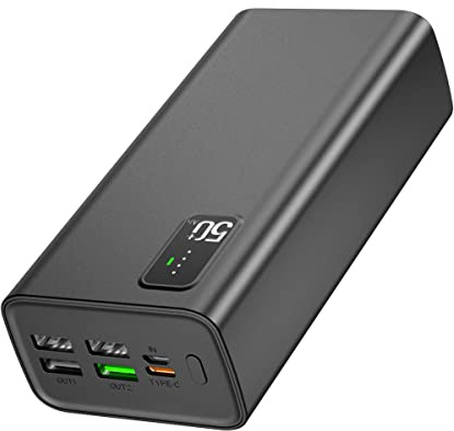 Batería externa de 50000 mAh QC3.0 de 22.5 W y USB C PD20W, 2 entradas y 5 salidas, carga rápida, cargador portátil, teléfono, cámara, auriculares, etc.