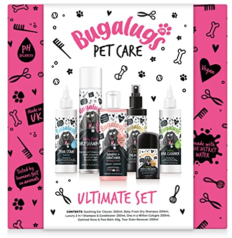 BUGALUGS Gift Set For Dogs - Dog Shampoo, Detangle Spray, Cologne, Ear Cleaner, Eye Wash, Paw & Nose Balm and Dry Shampoo, Birthday Present,, Gifts For Her, Gifts For Him (Ultimate), Multi (BGGS6XUL)