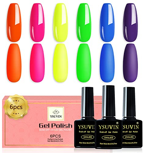 YSUVIN Neon UV Nagellack, 6 Farbe Helles Neon Rosa Blau Orange Grün Lila Gel Nagellack Set für Anfänger Zuhause DIY Nail Art Salon Maniküre Kit
