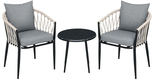 Outsunny Conjunto de Muebles de Jardín 3 Piezas Juego de Muebles de Terraza Incluye Mesa con Encimera de Vidrio Templado y 2 Sillones con Cojines Reposabrazos de Cuerda Polipropileno Gris