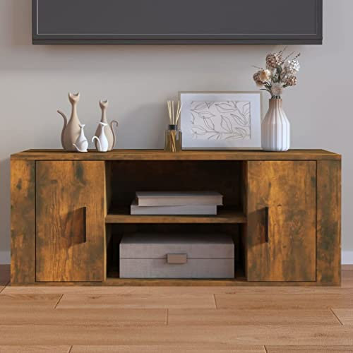 FIRBNUS Mueble para TV de Madera Contrachapada Roble Ahumado, Mueble de Salón Moderno, Gabinete de TV 100x35x40 cm Con 4 Compartimentos