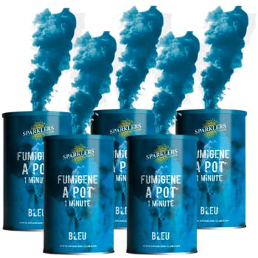 Sparklers Club Fumigène Pot Bleu 1 Minute Sol Mèche Lot de 5 T1 | Fumée Bleue Dense, Durée 60 Secondes, Allumage Mèche Facile, Distance Sécurité 8 Mètres, Usage Sol Uniquement, Catégorie T1