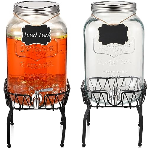 Sliner 2 Pack 2 Gallon Glass Drink Dispenser with Stand Glass Beverage Dispenser Water Juice Drink Containers for Parties with Stainless Steel Spigot Hanging Chalkboard(Stainless Steel)