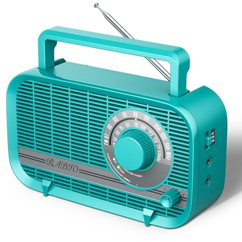 Audiocrazy Portable AM FM Radio with Bluetooth, Plug in Wall and Play, or AA Battery Operated Radios, Best Reception Vintage Retro Radio Built in Clear Speaker Headphone/AUX in Jack Turquoise