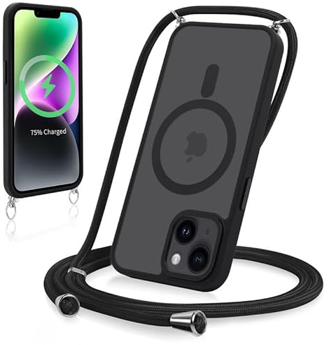 Yoedge Magnetische Handyband für iPhone 15 6,1 Hülle mit Band, Handyhülle Kompatibel mit MagSafe, Matt Transluzente PC + TPU Stoßfest Schutzhülle mit Abnehmbar Kordel zum Umhängen Case, Schwarz