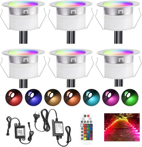 SUBOSI 6er Bluetooth RGB Led Bodeneinbaustrahle Aussen 0.6W Ø30mm IP67 Wasserdicht LED Einbaustrahler Terrasse Küche Garten Led Lampe Full Kit