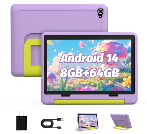 Tablette pour Enfants | Tablette Android 14 améliorée 10 Pouces avec étui | Octa Core | Carte 1tf 8 + 64go Extensible | Double caméra | contrôle Parental |Baby - Sitting