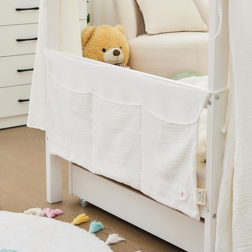 ALAVYA HOME® Betttasche aus Musselin 90x38 cm - Praktischer Organizer für Baby- und Kinderbett - Wechselkleidung & Windeln Hält alles ordentlich und griffbereit (Weiß)