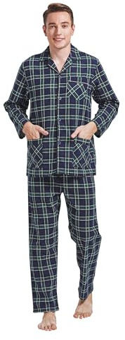 Global Herrpyjamas i flanell, lång pyjamas för män, set i bomull, tvådelade sovkläder, vardagsklädsel, pyjamasbyxor med långa elastiska band och dragsko, L