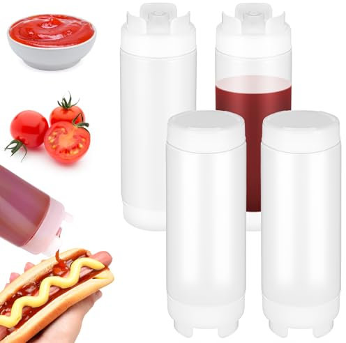 Lemecima 4 Pcs Squeeze Bottles Refillable 20 oz, Inverted Plastic Tip Large Valve Dispenser Condiment Squeeze Bottle for Sauces Ketchup Sour Cream Self Sealing Syrup Dispenser for Restaurants