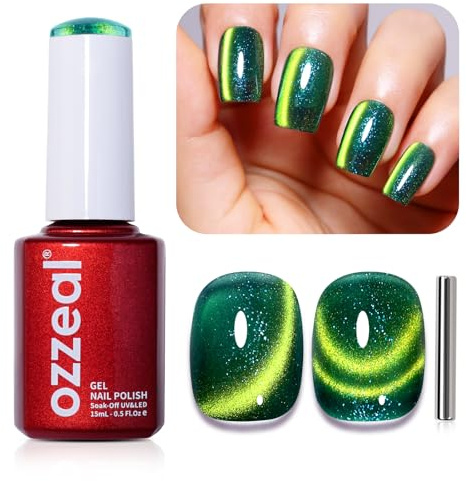 Ozzeal Katzenauge UV Gel Nagellack, 15ML Smaragd Grün Magnetisch, Frühling Sommer Glitter Holographisch Shimmer Soak Off LED