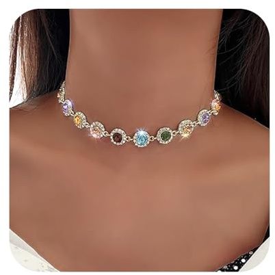 Kabwea Bunte Kristall-Choker-Halskette, Funkelnde Strass-Choker, Goldkette, Partyschmuck, Halskette für Frauen und Mädchen, Kette Damen, Halskette Damen, Ketten