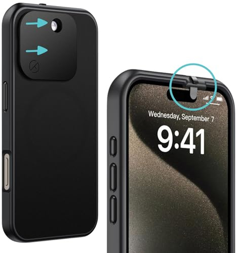 Spy-Fy iPhone 16 Pro Hülle mit Kameraschutz | Handyhülle mit klappbarer Kamera Abdeckung vorne und hinten | Privacy Case | MagSafe kompatibel | 2 Meter Fallschutz | Kickstand | 6.3 Zoll