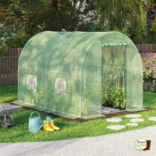 TERRE JARDIN - Bache pour Serre de Jardin, 3 x 2 x 2 m - Bache Serre Tunnel, Polyéthylène Renforcé 140 g/m², Blanche- Bâche Serre, Fenêtres Filet Moustiquaire - 6 m² - Vert
