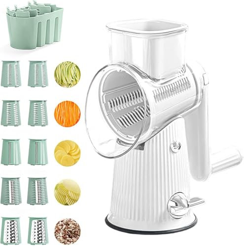 Rallador de queso giratorio 5 en 1, cortador de verduras, rallador de queso gourmet 5 en 1, rallador de queso manual de cocina con mango, aparatos de cocina fáciles de limpiar,White