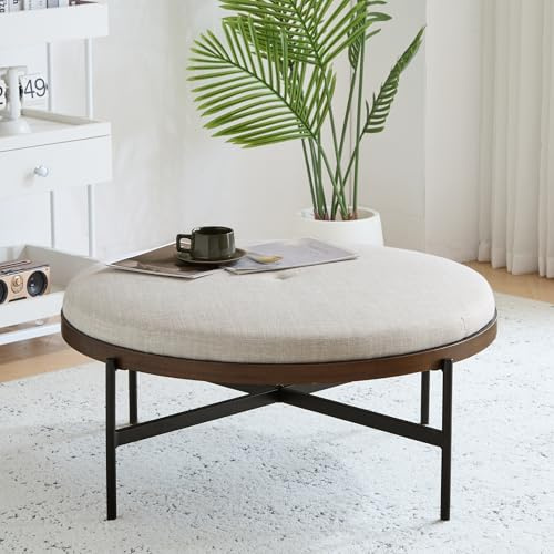 Christopher Knight Home Neapo Round Ottoman, Cocktail Ottoman, Upholstery Coffee Table, X Shape Legs, Comfortable Footstool, Durable Metal Frame, Spacious Seating for Living Room Entryway, Beige+Black