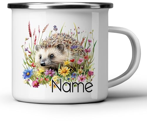 GRAZDesign Emaille Tasse Igel Blumenmotiv 300 ml Personalisierbar