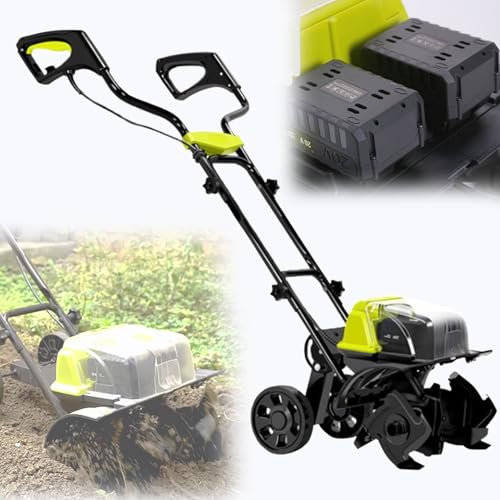 Electric Tiller Rotavator, Tilling Width 36cm/14.2in and Tilling Depth 18cm/7.1in, 4ah Battery Charger Included, Electric Hoe Powerful Garden Soil Electric Hoe for Garden