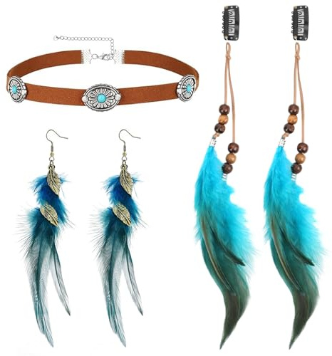 Clips de Pelo Pluma, Bohemio e Indio Tocado de Plumas, Collar de Gargantilla de Cuero Marrón, Pendientes De Plumas Para Mujer, Para Disfraces Carnaval Halloween