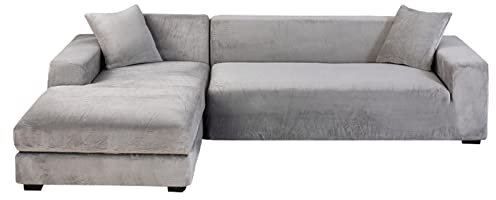 L-Form Samt Sektional Sofa Husse Set 2-teilig Stretch Sofa-Schonbezug Weich Möbelschutz für Ecksofa rutschfeste L-Form Sofabezug Hellgrau Passt 3+2-Sitzer
