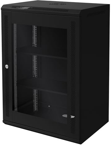 ECD Germany Armario de Red 16 U(Unid de Altura)Mueble para Servidores, Rack 19 Pulgadas Negro Montaje en Pared 600 x 850 x 450 mm Carcasa con Puerta de Cristal y Cerradura de Seguridad, Capacidad 60kg