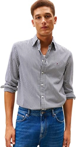 Tommy Hilfiger Camisa Hombre Poplin Gingham Camisa Informal, Azul (Black/Check), M