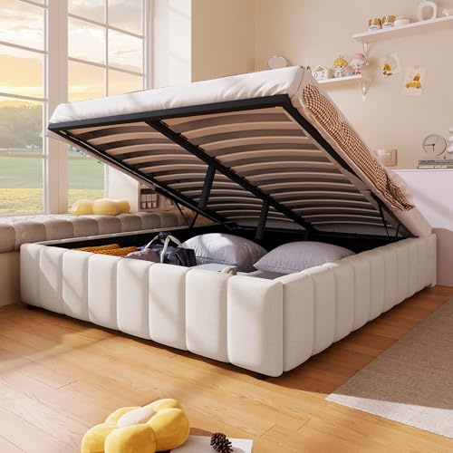 Polsterbett 140x200, Doppelbett mit Stauraum und Lattenrost, Ohne Kopfteil Bettrahmen mit hydraulisches Bettkasten, Hydraulisch Bett Stauraumbetten Bettgestell Jugendbett, Leinen, Ohne Matratze,Beige
