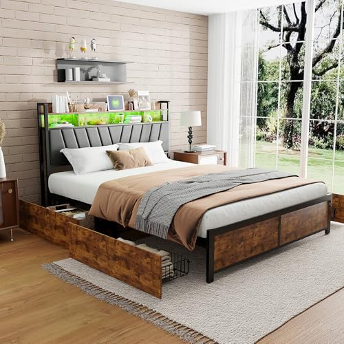 YYXLDYNB Doppelbett 180x200cm,Schubladenbett mit LED Beleuchtung und USB-Ladefunktion,Bed Frame mit 4 Schubkästen,Einfach zu Montieren,ohne Matratzen, Schwarz+Braun