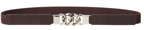 Aniyan Skinny Elastischer Taillengürtel Damen, Schmaler Stretch PU Leder Gürtel mit Doppelring Schnalle Silber für Kleid Rock Bluse(Kaffee)