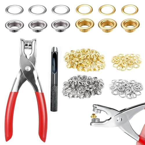 1/2 Inch Grommet Tool Kit 150 Set - Darteno Grommet Eyelets Metal in Gold & Silver with Hole Punch Pliers for Fabric, Leather, Canvas, Professional Installation Set
