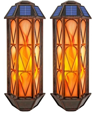 Solar-Wandleuchte außen im Vintage-Stil, flackernder Flammeneffekt, Größe L | Warmweiß, wasserdicht, 2 Lichtmodi, zum Aufhängen, für Garten, Veranda und Hof