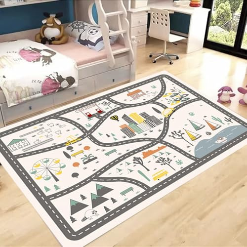 City Road Spielmatte, große Bodenmatte mit Verkehrskarten-Design, Abenteuer-Spielmatte, buntes Verkehrs- und Gebäude-Muster (60 x 90 cm)
