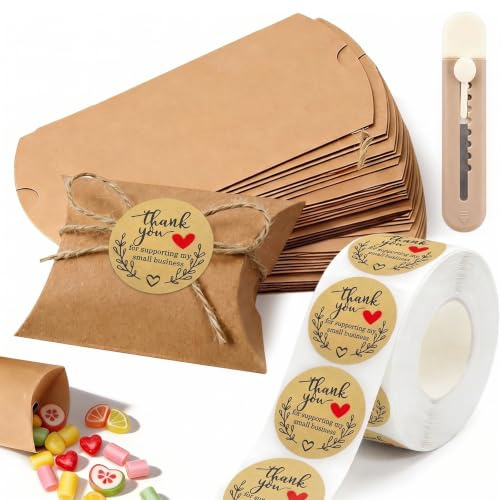 60 Stück Kissenschachteln, 14,5 x 7cm Wiederverwendbar Kissenschachtel aus Kraftpapier Geschenkschachtel Klein mit Juteschnur Messer und Aufkleber für Hochzeit Gastgeschenk