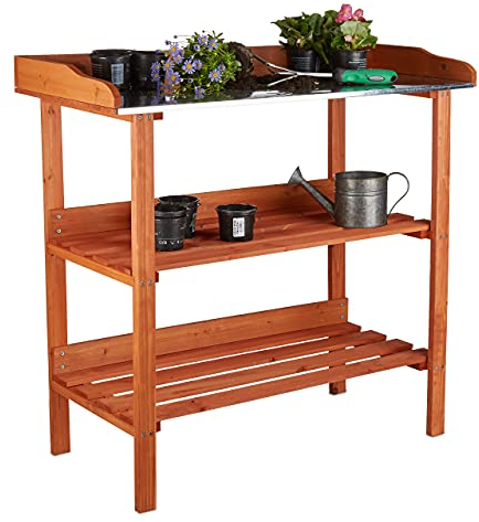 Relaxdays Pflanztisch, Holz, Metallplatte, 3 Ebenen, Arbeitsplatte Gewächshaus, HBT: 87,5 x 91,8 x 41,5 cm, orange