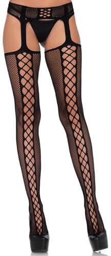 Leg Avenue 1776 Collant Porte-Jarretelles Résille Criss Cross avec Couture Arrière Noir Taille Unique 36-40 177622001