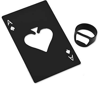 SCSpecial flasköppnare ring och Ace pokerformad kapsylöppnare lätt rostfritt stål kreditkort storlek öl soda flasköppnare bar festtillbehör (1 ring och 1 poker (svart)