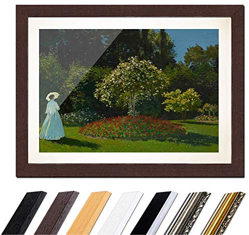 Bilderdepot24 Bild mit Rahmen - Claude Monet Frau im Garten 30x20 cm ca. A4 - Gerahmter Kunstdruck inkl. Galerie Passepartout Alte Meister - Rahmen wenge