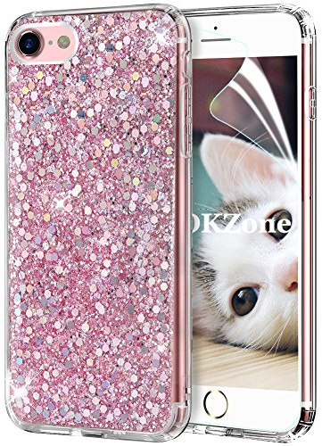 OKZone iPhone SE (2020) fodral [med HD-skärmskydd], glänsande mjukt silikonfodral Bling Glitter TPU Bumper skyddsfodral för iPhone SE (2020) (4,7 tum) (rosa)