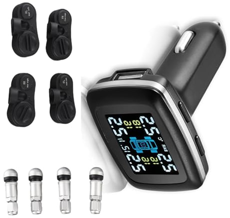 Tbest Interne Reifendrucksensoren, TPMS, Digitaler Bildschirm, Reifendruck Kontrollsystem, Intelligentes TPMS-Zigarettenanzünder Reifendruckkontrollsystem für Autos mit 4 Sensoren