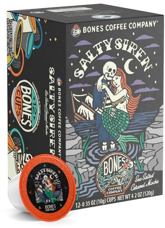 Bones Coffee Company Flavored Coffee Bones Cups Salty Siren Caramel Chocolate | 12ct Single-Serve Coffee Pods Compatible with Keurig 1.0 & 2.0 Keurig Coffee Maker