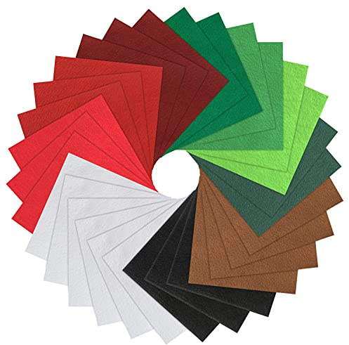 Pllieay 30 Pieces Felt Fabric Sheets for Christmas,10 Colors Craft Felt Sheets Patchwork Sewing DIY Craft for Art Making and Christmas Decorations,1.3mm, 15 x 15 cm (Red,Green,White,Black,Brown)